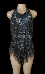 Sparkly Crystals Fringe Bodysuit Women Nightclub Party Outfit Dance