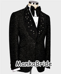 Luxury Men Wedding Groom Suits Glitter Lurex Black Blazer Vest Pants