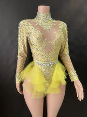 Sparkly Rhinestones Bodysuit Women ElasticPink Mesh Ruffles Crystal