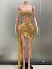 STOCK Sparkly Gold Rhinestones Short Dress for Women Sexy Mesh See