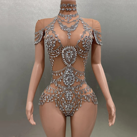 Luxury Rhinestones Sexy See-Through Sheath Bodysuit Evening Party