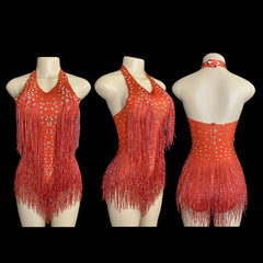 Sparkly Rhinestones Fringe Bodysuit WomenVightclub Party Dance Costume