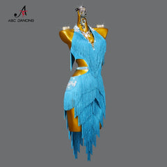 Blue Latin Dance Fringe Dress Sexy Skirt for Women Ballroom