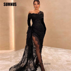 SUMNUS Black Lace Sexy Women Wear Prom Dresses Off Shoulder Long