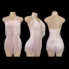 Sparkly Rhinestones Fringe Bodysuit WomenVightclub Party Dance Costume