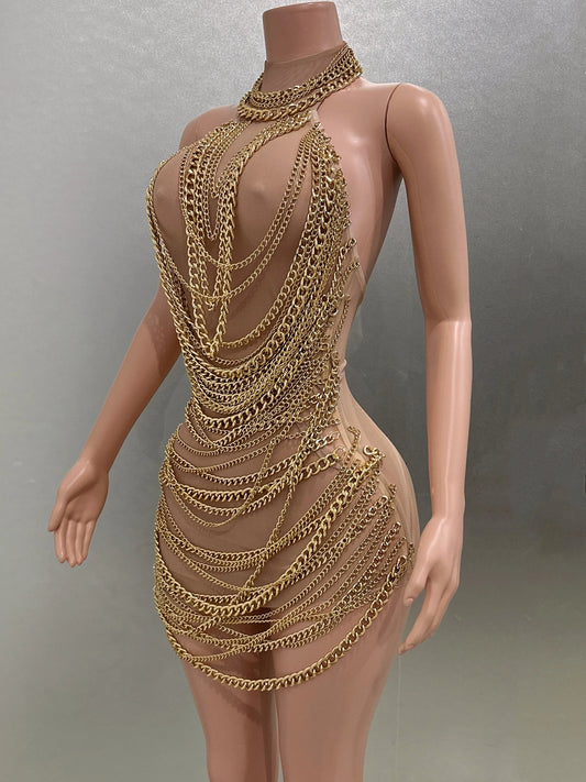 Gold Luxury Chains Khaki Sexy See-Through Sheath Mini Dress Evening