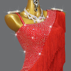 2024 New Red Latin Dance Competition Fringe Dress Senior Blackpool