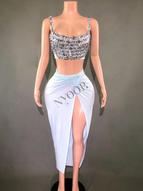 Sparkly Rhinestones Crop Tops High Split Skirt for Women Evening Party