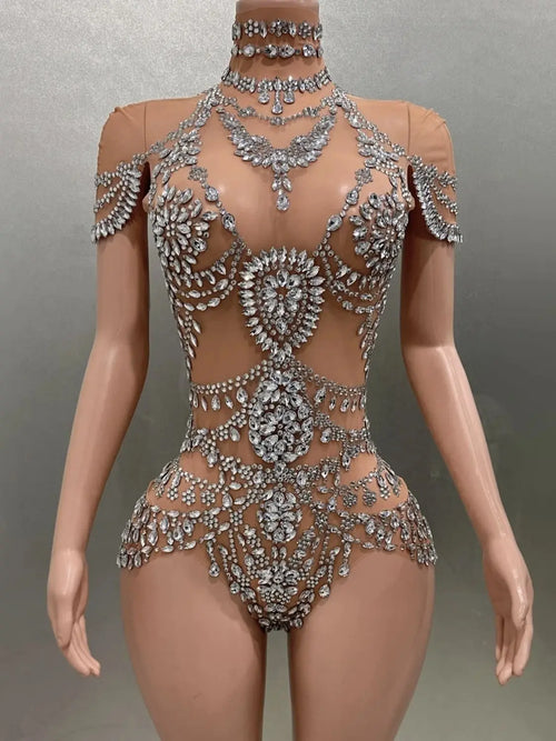 Luxury Rhinestones Sexy See-Through Sheath Bodysuit Evening Party