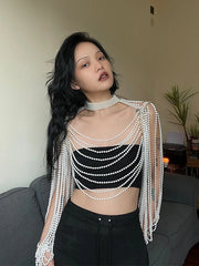 Women Pearl Tank Top Body Chain Jewelry Sexy Multiplayer Pearl Tassel