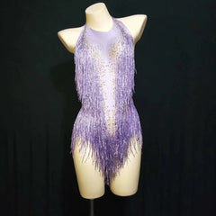 Gold Rhinestones Bodysuit Women Fringes Backless Latin Sexy Stage