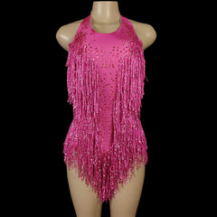 Sparkly Crystals Fringe Bodysuit Women Nightclub Party Outfit Dance