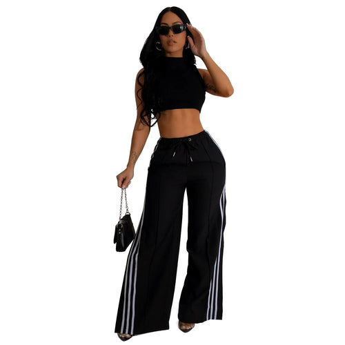 2024 Casual High Waist Sports Pants Women Solid Stripe Patchwork Lace