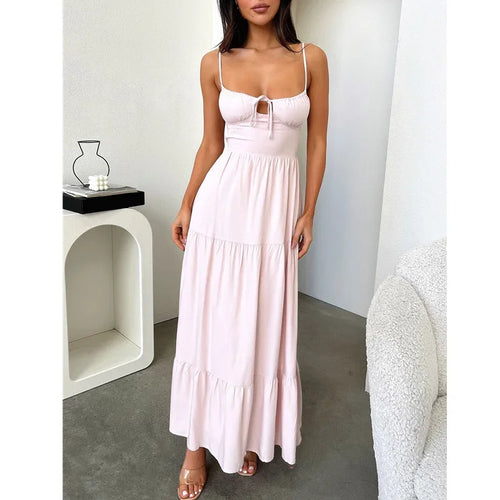 y2k Summer Long Dress Women Solid Color Tie Up Spaghetti Strap