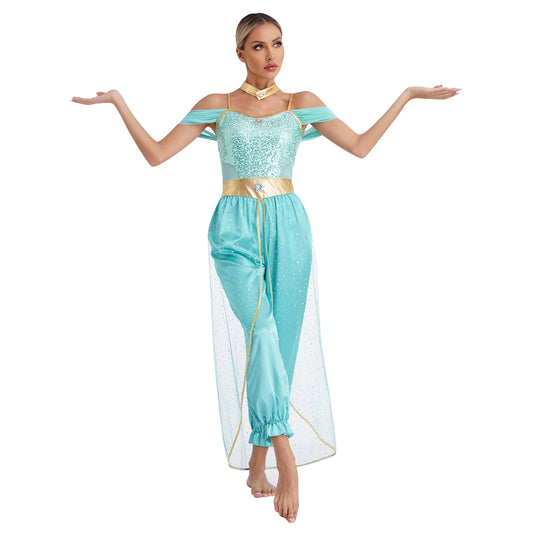 Womens Cosplay Arabian Princess Costume Spangles Jumpsuit Stage Dance