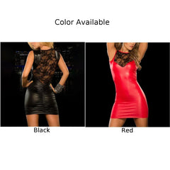 Sexy Womens Lace Slim Fitting Wet Look Short Dress Pu Leather Bodycon