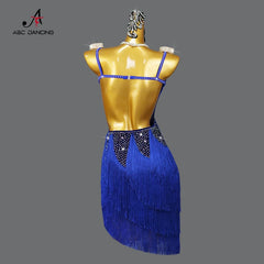 New Blue Velvet Latin Dance Dress Competition Costume Sexy Fringed