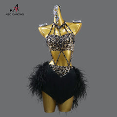 Latin Dance Clothes Sports Party Dress Practice Wear Stage Feather