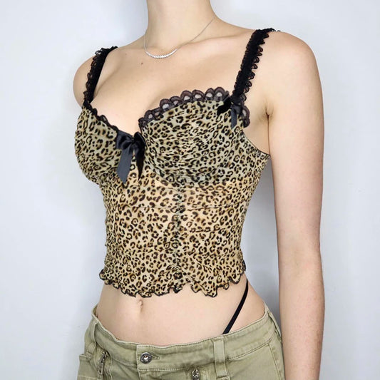 IAMHOTTY Vintage Leopard Print Crop Top Sexy Contrast Color Bow Lace