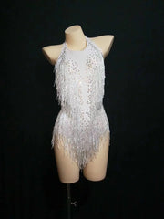 Gold Rhinestones Bodysuit Women Fringes Backless Latin Sexy Stage