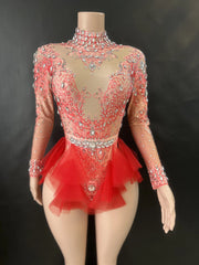 Sparkly Rhinestones Bodysuit Women ElasticPink Mesh Ruffles Crystal