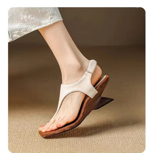 Toe Sandals Women's 2024 New Summer Outer Wear Cowhide Slope-heeled