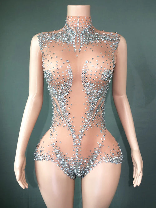 Sparkly Rhinestones Sexy See Through Mesh Women Jumpsuit Evening Party