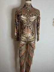 Luxury sequin print Fringes crystal rhinestones gold jumpsuit women