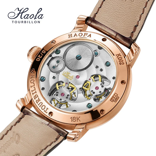 HAOFA 18K Gold Double Tourbillon Movement Skeleton Mens Watch Manual