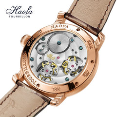 HAOFA 18K Gold Double Tourbillon Movement Skeleton Mens Watch Manual