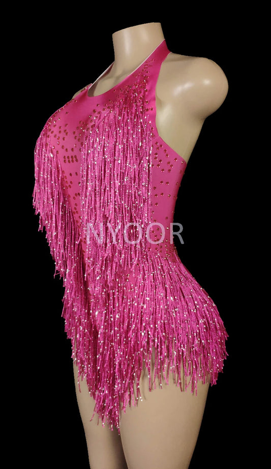 Sparkly Crystals Fringe Bodysuit Women Nightclub Party Outfit Dance