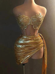 Sparkly Gold Rhinestones Short Dress for Women Sexy Mesh See Through