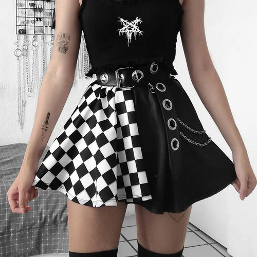 Goth Dark Plaid Pleated Skirt Black on White Contrast Patchwork Skirts