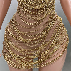 Gold Luxury Chains Khaki Sexy See-Through Sheath Mini Dress Evening