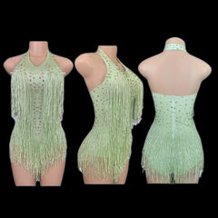 Sparkly Rhinestones Fringe Bodysuit WomenVightclub Party Dance Costume