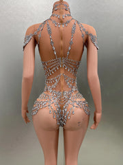 Luxury Rhinestones Sexy See-Through Sheath Bodysuit Evening Party