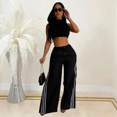 2024 Casual High Waist Sports Pants Women Solid Stripe Patchwork Lace