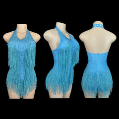 Sparkly Rhinestones Fringe Bodysuit WomenVightclub Party Dance Costume