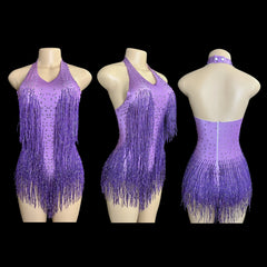 Sparkly Rhinestones Fringe Bodysuit WomenVightclub Party Dance Costume