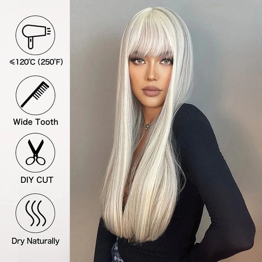 White Long Straight Synthetic Wigs for Cosplay Ash Highlights Natural