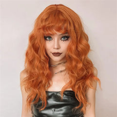 Ginger Curly Synthetic Wigs for Women Long Orange Wigs with Bangs Heat