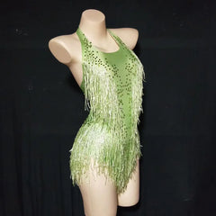 Sparkly Party Romper Crystals Fringes Bodysuit Sexy Tassel Leotard