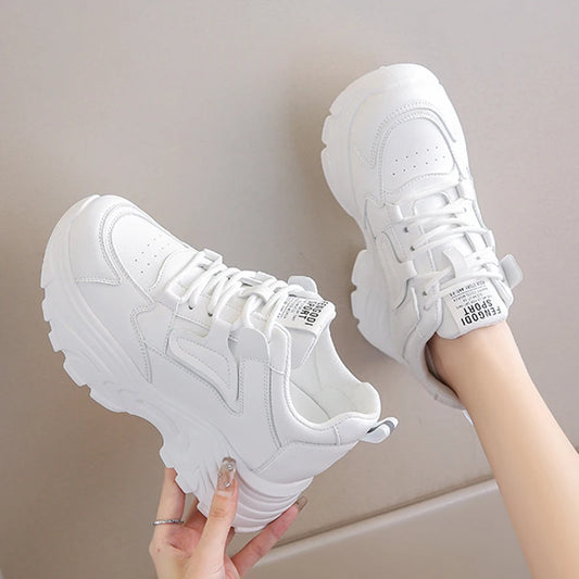 White Platform Women's Sneakers 2024 Spring Lace-Up Thick Bottom