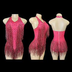 Sparkly Rhinestones Fringe Bodysuit WomenVightclub Party Dance Costume