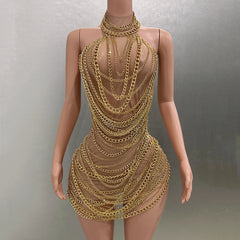 Gold Luxury Chains Khaki Sexy See-Through Sheath Mini Dress Evening