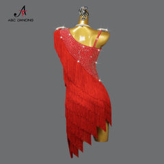 2024 New Red Latin Dance Competition Fringe Dress Senior Blackpool