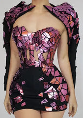 Sparkly Pink Sequins Short Tube Bandage Dress Set Sexy Show Stage Wear