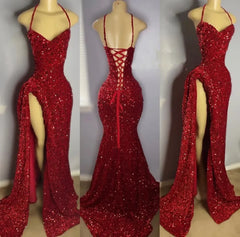 2024 Dark Red Sequins Prom Dresses Halter High Split Corset Back