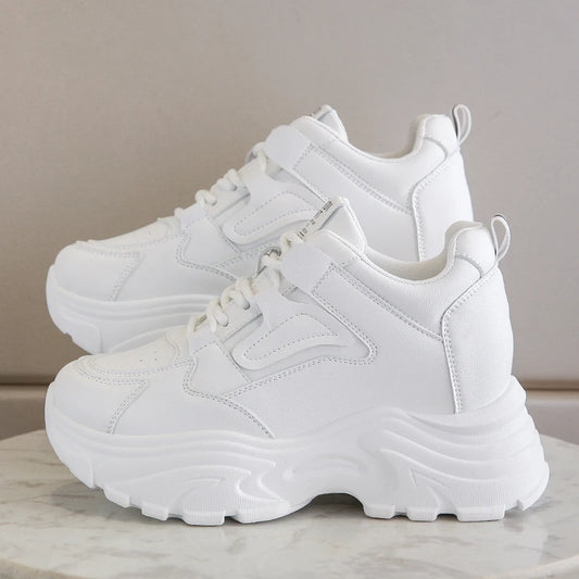 White Platform Women's Sneakers 2024 Spring Lace-Up Thick Bottom