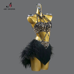 Latin Dance Clothes Sports Party Dress Practice Wear Stage Feather